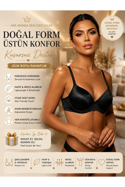 Nior lifestyle Siyah Saten Push-up Balkonet Sütyen | Dikişsiz Kalıplı Tel Des...