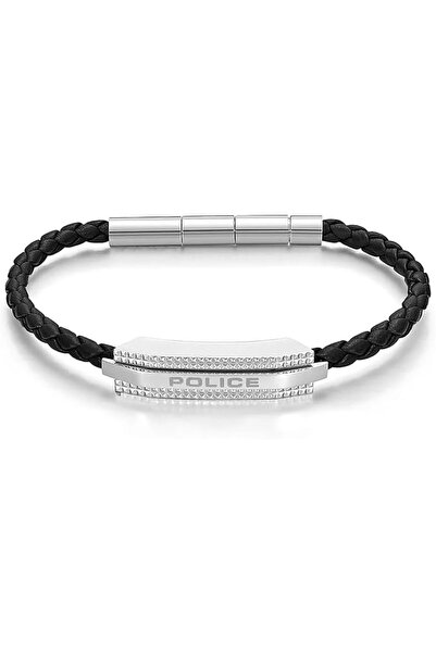 Police Gripcord Black Leather Stainless Steel Gents Bracelet - PEAGB0038103