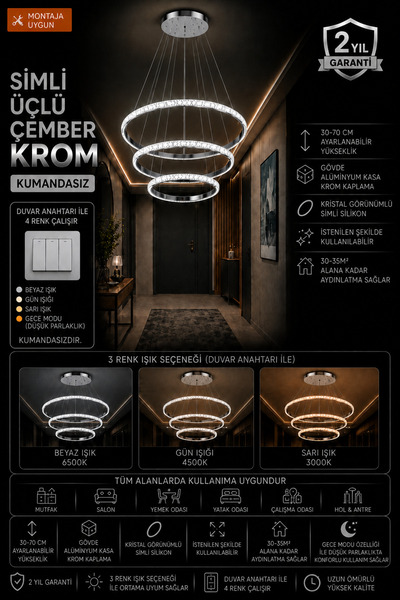 mubeda aydınlatma SİMLİ-Üçlü Çember KROM LED Avize - 3 Renk Aydınlatma (KUMAN...