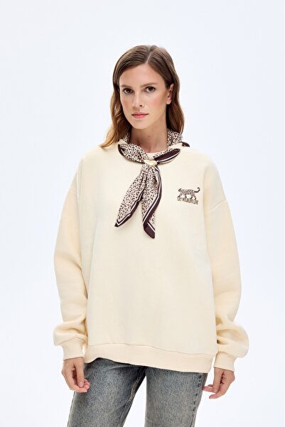 Quzu Sweatshirt with Scarf and Embroidery Detail - Beige