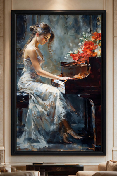 ARTAN GALLERY Piyano Çalan Kadın Kadife Tablo 40 mm Çerçeveli Yağlı Boya Görü...