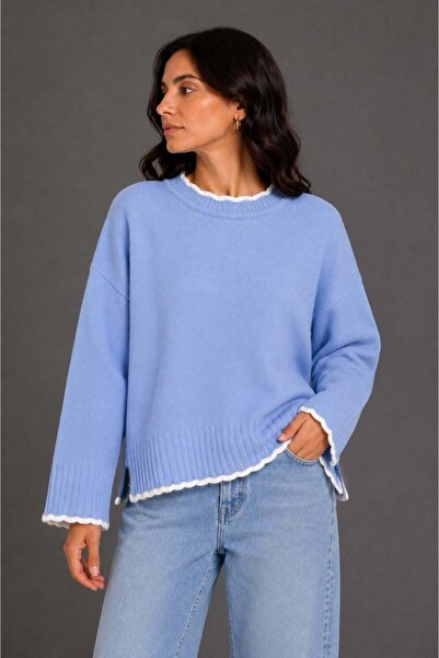 Vadon 1044 Women's Crew Neck Wave Detailed Side Slit Knitwear Sweater Baby Blue
