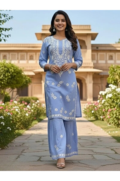 MYSMAR Blue Chikankari Embroidered Cotton Kurta Set - CHK1007 | Blue-Size:M-3...