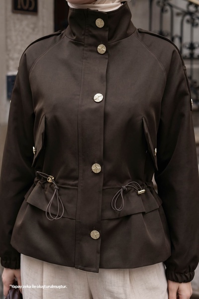 InStyle Büzgülü Cep Detay Astarlı Acı Kahve Kısa Trençkot