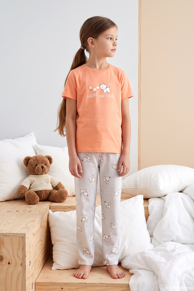 Aydoğan Patterned Young Girl's Single Jersey Cotton Pajama Set 260266 Orange