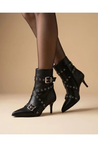 KNEZ Shoes Women's Brown Buckle-Studded Pointed Toe Heeled Ankle-Length Styli...