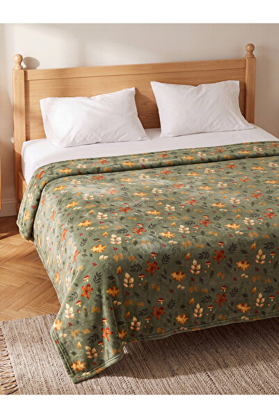 LC Waikiki Alita City Farkıyla Lcw Home Green Leaf Patterned Double Blanket 2...