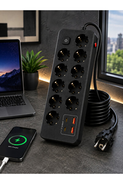 MEGAMUS PRO-EU04 10’li Akım Korumalı Çoklu Priz – 2 USB-C + 2 USB-A | 2500W 1...