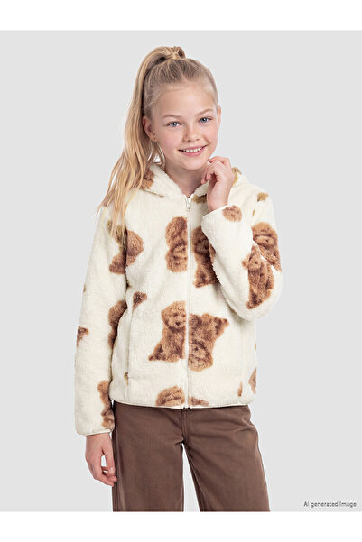 LC Waikiki Lcw Kids Ecru Hooded Printed Girls' Zippered Sweatshirt with Nevav...