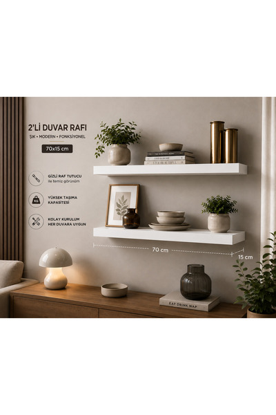 Moonzer 2’li Dekoratif Duvar Rafı 70x15 cm – Gizli Raf Tutuculu Modern Duvar ...
