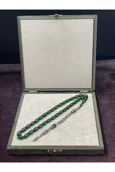 Onurlu Tesbihane Alpaka Kral Zincir Püsküllü Koyu Yeşil Ateş Kehribar Tesbih (7x11 mm)