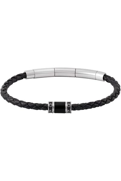 Police Carbon Black Slim Braided Leather Bracelet for Men, Black Stainless St...