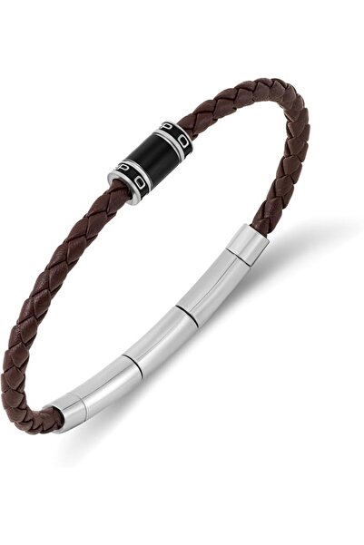 Police Carbon Brown Slim Braided Leather Bracelet for Men, Black Stainless St...