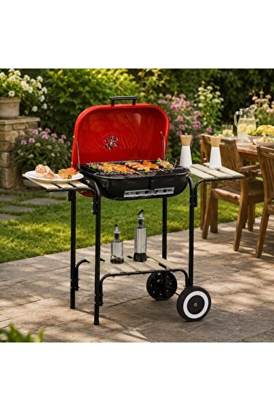 Solplant Gratar gradina cu carbuni, grill dreptunghiular, cu roti, capac, raf...