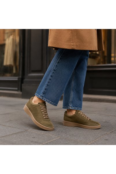 a ayak&kabım official Virenza Genuine Leather Suede Women's Sneaker, Handmade Comfortable Fit Premium Thermo Sole – Khaki