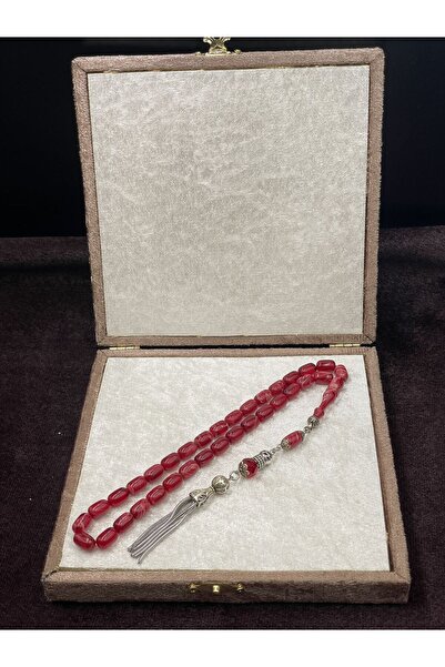 Onurlu Tesbihane Alpaka Zincir Püsküllü Sıkma Kehribar Tesbih (Kırmızı, 7x11 mm)