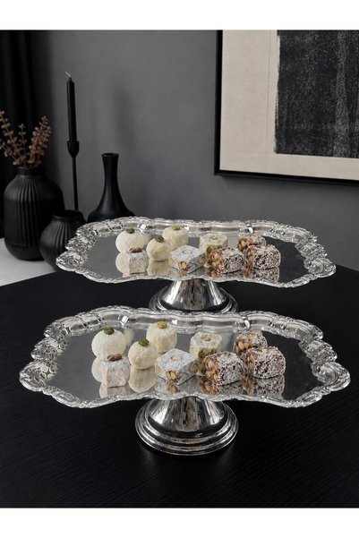 Aslı Hediyelik 2'li Lüx Gümüş Royal Model Ayaklı Kek, Pasta, kurabiye,Tatlı, ikramlık, Çeyizlik Sunum Servis Standı