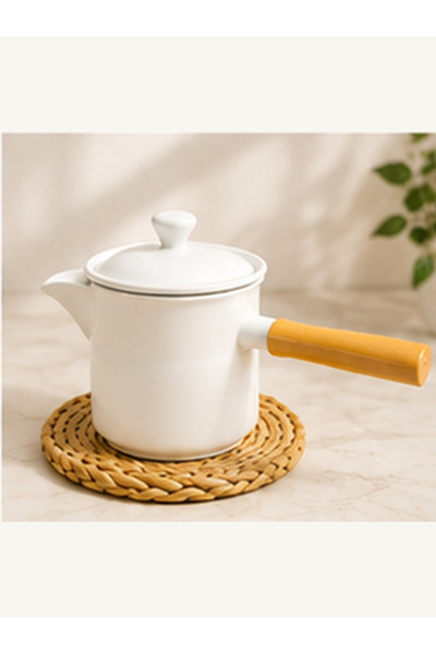 Generic ceramic coffee Pot with Wooden Handle and Lid, White Wooden Handle, I...
