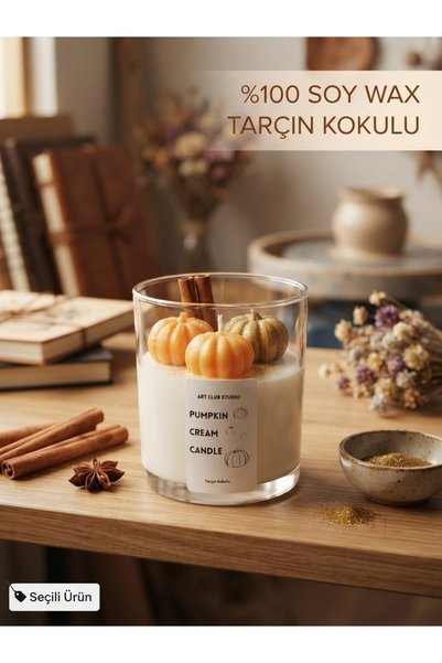 ART CLUB STUDIO Sonbahar Temalı Pumpkin Cream Tarçın Kokulu %100 Soy Wax Mum