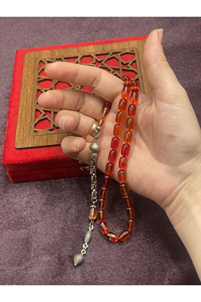Onurlu Tesbihane Alpaka Kral Zincir Püsküllü Turuncu Tonları Ateş Kehribar Tesbih (7x11 mm)
