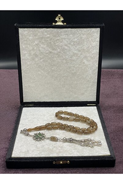 Onurlu Tesbihane Alpaka Mineli Madalyonlu Simli Ateş Kehribar Tesbih (Kahve Tonları, 7x11 mm)