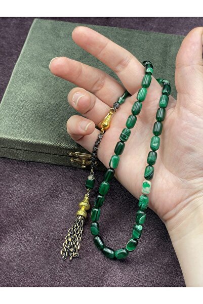 Onurlu Tesbihane Gold Renkli Alpaka Aksamlı Sıkma Kehribar Tesbih (Yeşil Tonları, 7x11 mm)