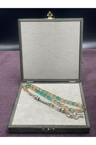 Onurlu Tesbihane Alpaka Damla Uçlu Karışık Sıkma-Ateş Kehribar Tesbih (Bal-Turkuaz, 7x11 mm)