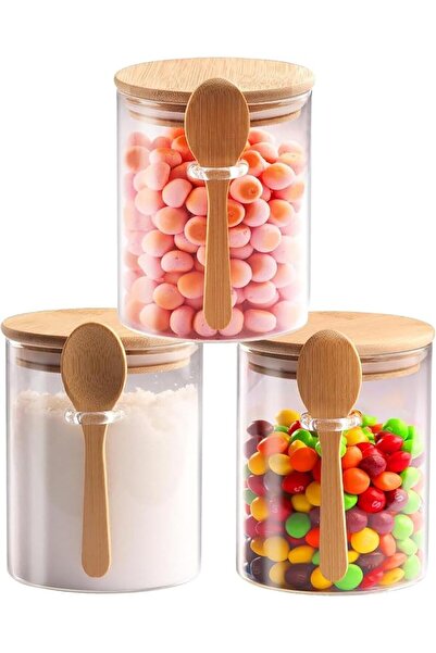 GENERAL Glass Jar with Bamboo Lid and Spoon, 3 Pack Glass Kitchen Storage Jar...