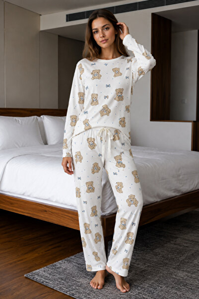 Fanwet Brown Teddy Bear Patterned Bow Detailed Milan Fabric Long Sleeve Pajam...
