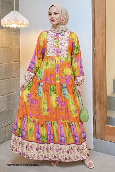 InStyle Crispy Floral Detail Orange Viscose Dress