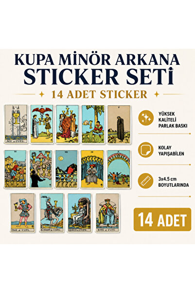 europaking Tarot Kartı Sticker Seti Kupa Serisi 14 Adet Minor Arcana Cups 3x4...