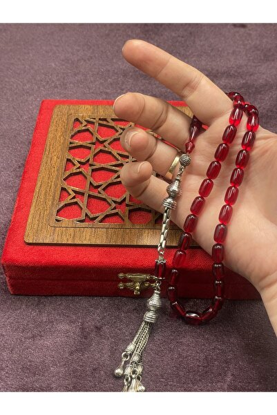 Onurlu Tesbihane Alpaka Püsküllü Kapsül Kesim Kırmızı Ateş Kehribar Tesbih (7x11 mm)