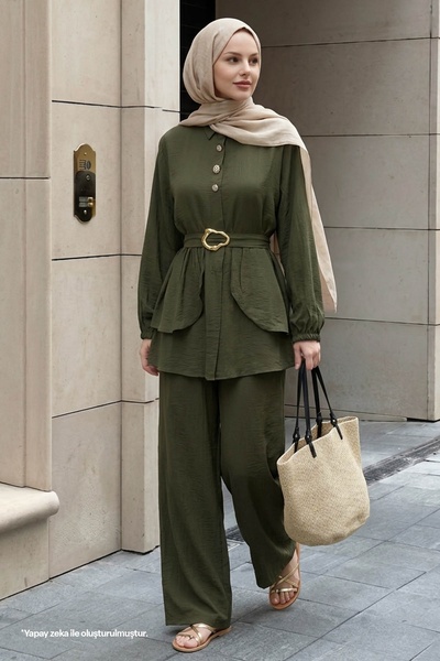 InStyle طقم كاكي مزدوج بأزرار مرصعة بالأحجار