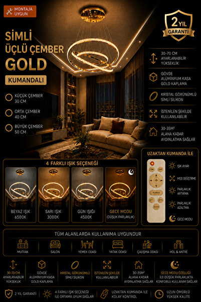 mubeda aydınlatma SİMLİ Üçlü Çember Gold LED Avize - 4 Renk Aydınlatma Seçene...