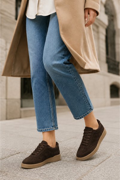 a ayak&kabım official Virenza Genuine Leather Suede Women's Sneaker, Handmade Comfortable Fit Premium Thermo Sole – Brown