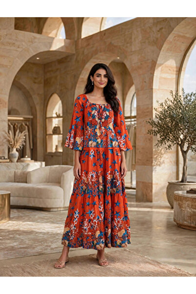 IKKXA Elegant Printed Flared Maxi Dress