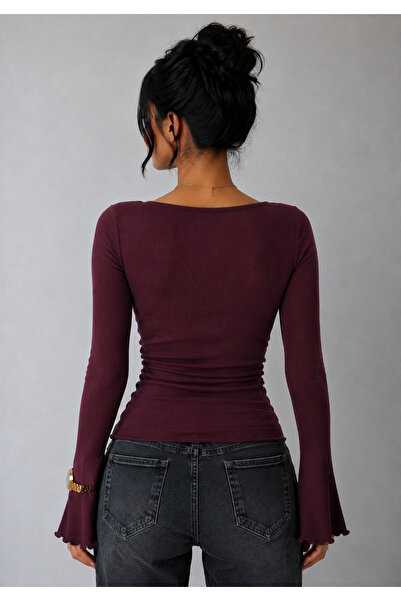 RİEMA Burgundy Draped Square Neck Spanish Sleeve Ribbed Cotton Spring Autumn Top Blouse