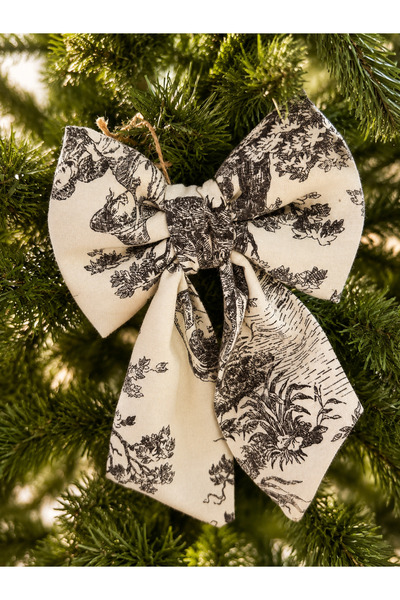 Beige & Stone Anthracite Mini Size Patterned Fabric Bow Christmas Pine Tree O...