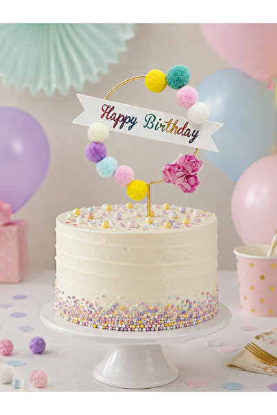 Magique Party Renkli Ponponlu Gül Detaylı "Happy Birthday" Pasta Süsü