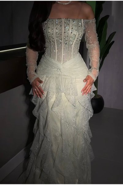 Rizwan01 Soft Lace Off-The-Shoulder Dress with Embellishments