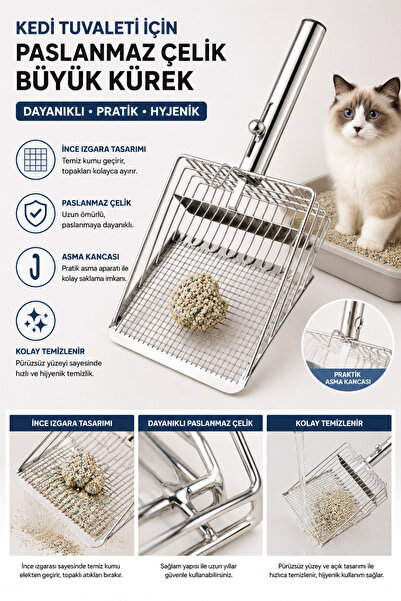 HAYHAYPETSHOP Paslanmaz Çelik Kedi Kumu Eleme Küreği Temassız Atık Toplama Ha...