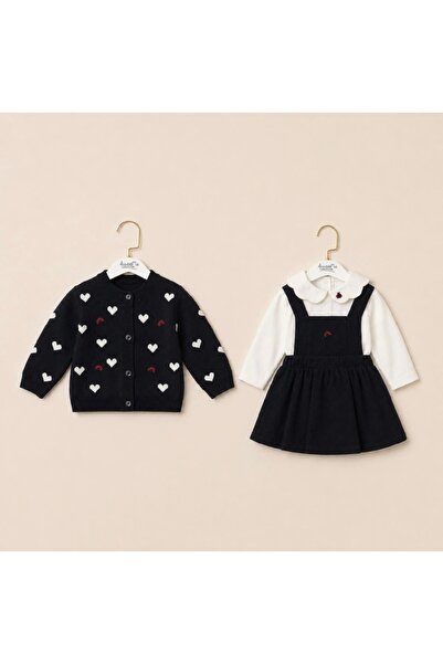 Alvadonna Heart Patterned Knitwear Cardigan, Velvet Dress and Baby Collar Shirt 3-Piece Baby Girl Set
