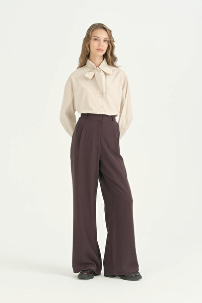 Nihan Palazzo Trousers with Stitching Detail - Plum