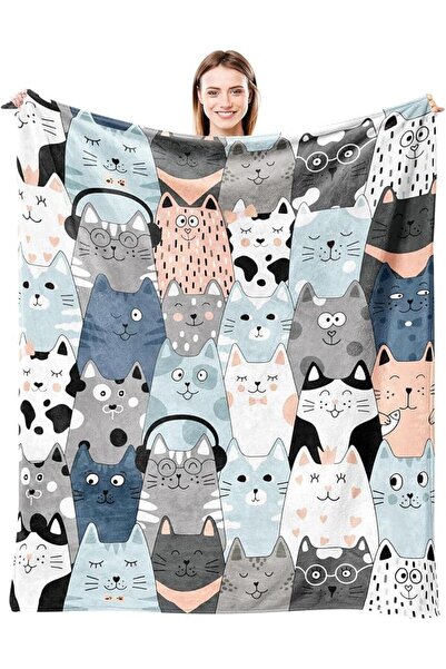 Tazweeq Cat Print Throw Blanket, Ultra Soft Lightweight Flannel Blanket for C...