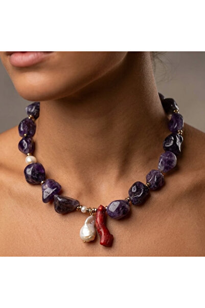 THEIA GemWorks Vitis - Ametist, Barok İnci ve Mercan Detaylı El Yapımı Kolye