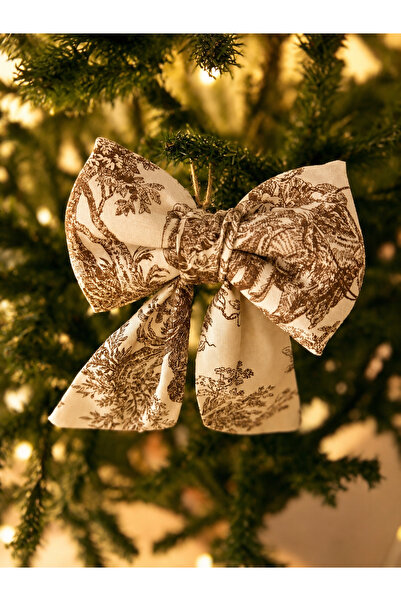 Beige & Stone Mini Size Brown Patterned Fabric Bow Christmas Pine Tree Orname...