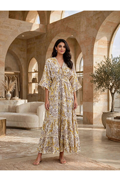 IKKXA Paisley Print V-Neck Smocked Waist Tiered Maxi Dress