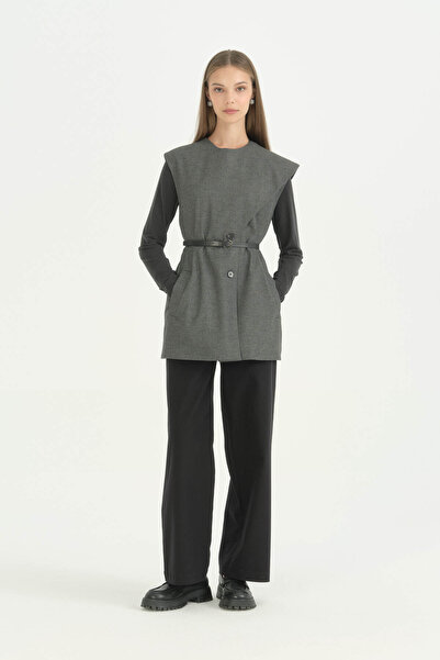 Nihan Comfortable Fit Vest with Scarf and Leather Belt Detail - Black