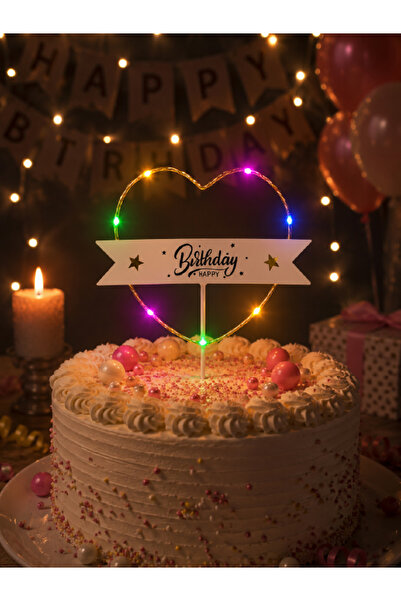 Magique Party Işıklı RGB Ledli "Happy Birthday" Pasta Süsü - Kalp Figür