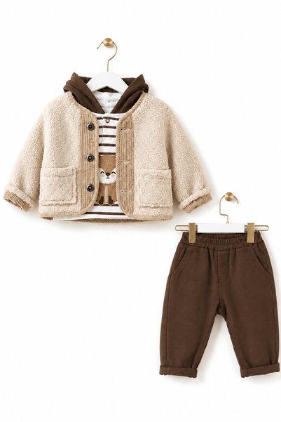 LİLİYUM Boy's 3-Piece Set Plush Coat Squirrel Patterned Striped Top Brown Trousers